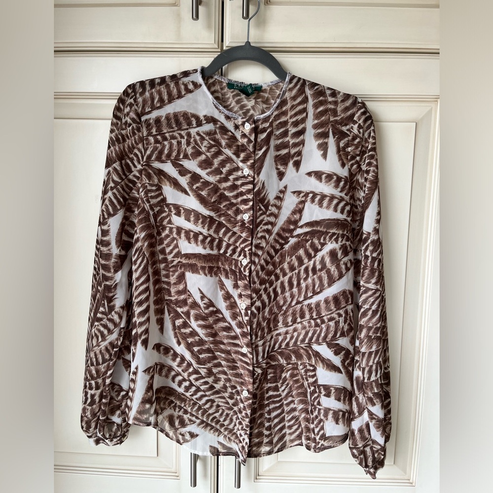 Lauren sheer palm tree design blouse. Large. (More medium)